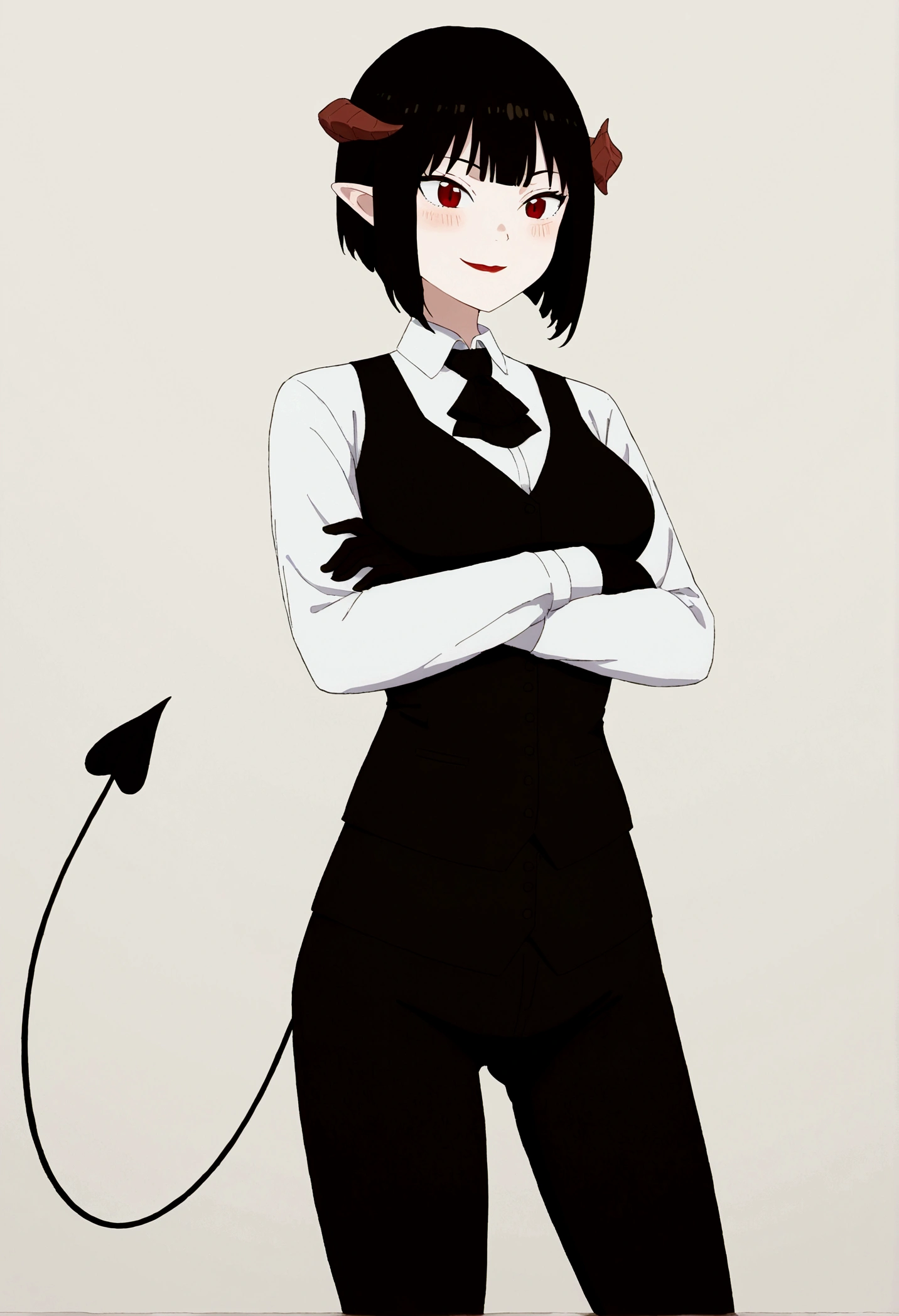 work of art, best qualityer, high resolution, 1girl horns short hair demon tail, white shirt black ascot black gloves black pants black vest , crossed arms,Eyes red,blushed,ssmile,fully body
