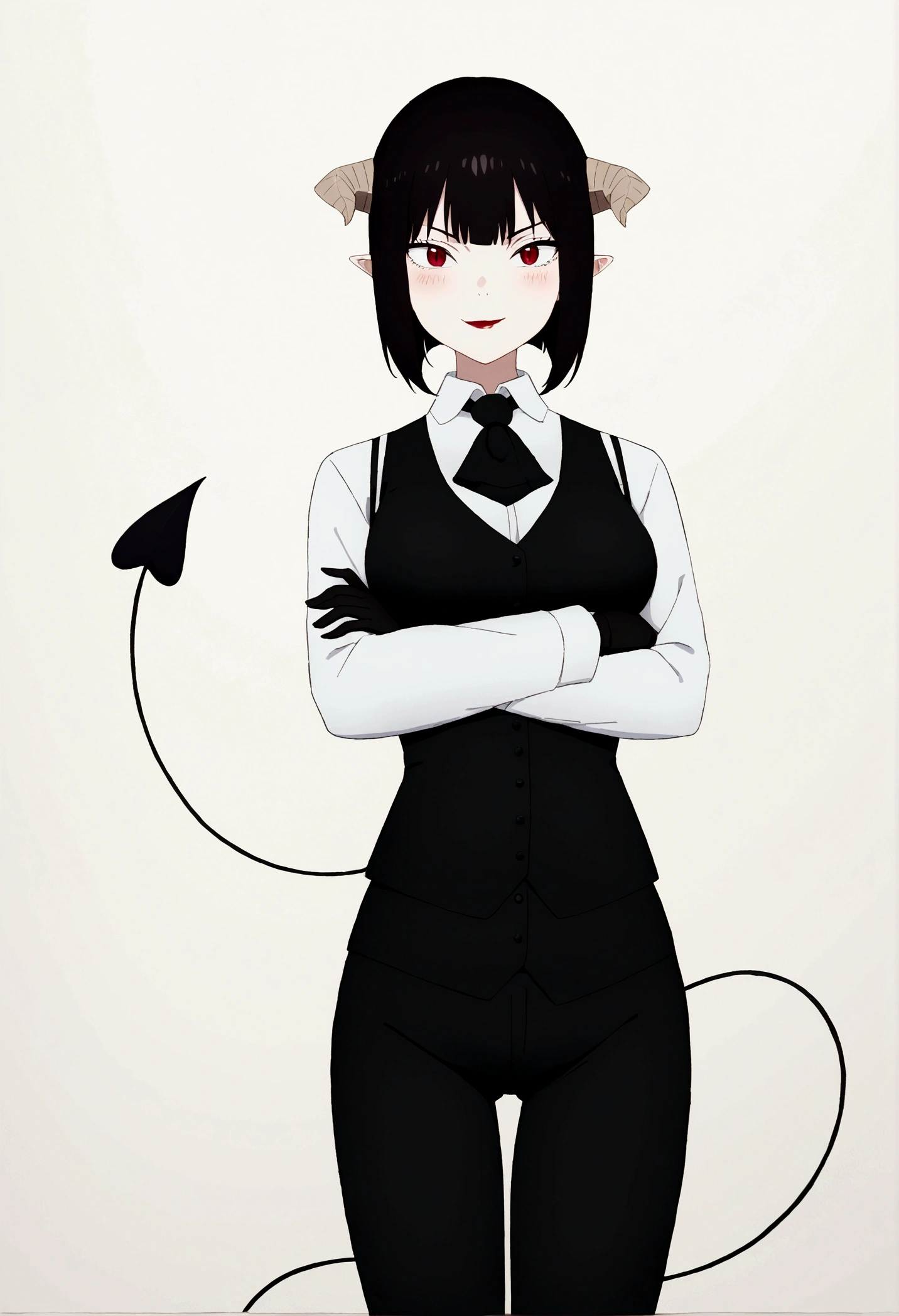 work of art, best qualityer, high resolution, 1girl horns short hair demon tail, white shirt black ascot black gloves black pants black vest , Hands behind the head,Eyes red,blushed,slender,angry,fully body