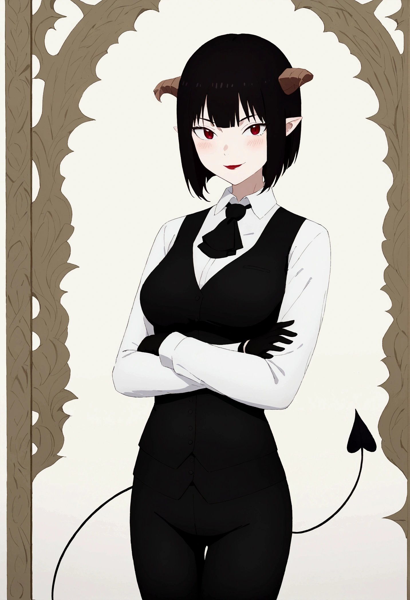 work of art, best qualityer, high resolution, 1girl horns short hair demon tail, white shirt black ascot black gloves black pants black vest , crossed arms,Eyes red,blushed,ssmile,fully body
