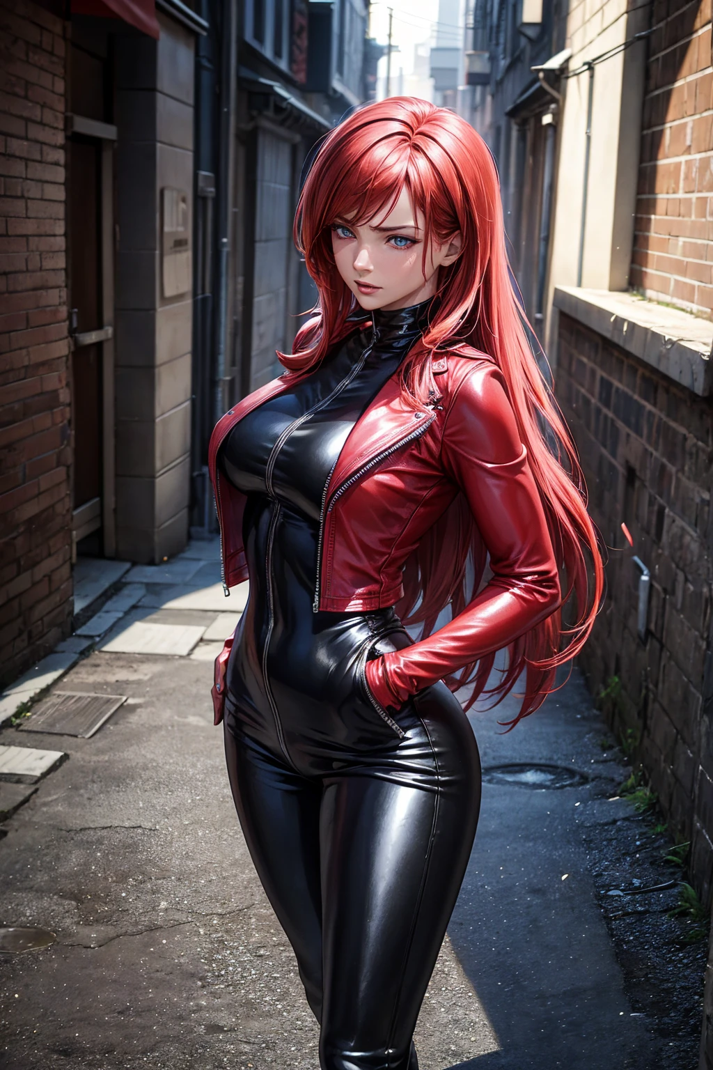 a scared and embarrassed redheaded woman, hair in a ponytail, her bright eyes super detailed, full lips painted red, chiseled physique and wide hips. She wears a closed black leather jumpsuit, whose shiny surface accentuates her shape. A windbreaker with a hood and a neon pink interior covers your shoulders and a pleased skirt. Walking down a busy street, she attracts glances from onlookers. This image exudes realism, capturing the essence of a fragile and embarrassed figure. Digital art, high definition and photorealistic technique
