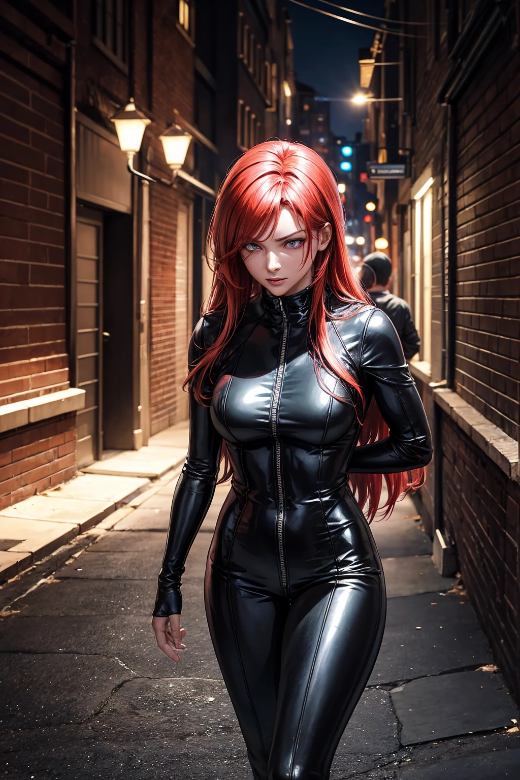 a scared and embarrassed redhead woman, long hair, his super detailed glowing eyes, Full lips painted red, chiseled physique and wide hips. He wears a closed black leather jumpsuit., whose shiny surface accentuates its shape. A hooded jacket with a neon pink interior covers your shoulders and a pleased skirt. Walking down a dark alley, This image oozes realism., capturing the essence of a fragile and ashamed figure. digital art, photorealistic and high definition technique