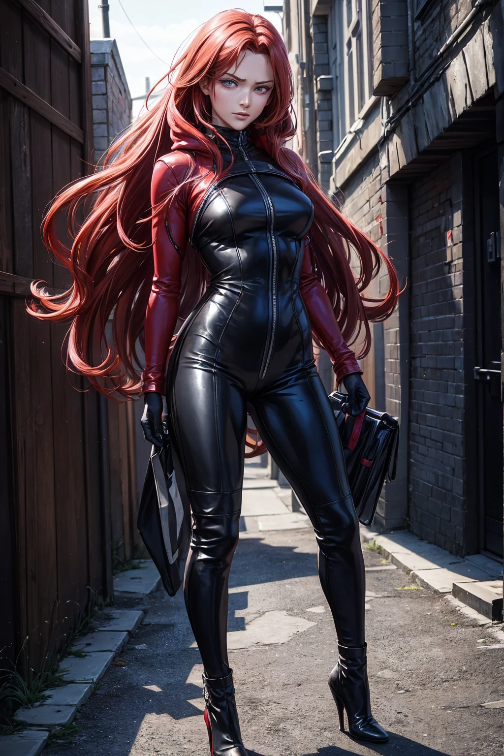 a scared and embarrassed redhead woman, long hair, his super detailed glowing eyes, Full lips painted red, chiseled physique and wide hips. He wears a closed black leather jumpsuit., whose shiny surface accentuates its shape. A hooded jacket with a neon pink interior covers your shoulders and a pleased skirt. Walking down a dark alley, This image oozes realism., capturing the essence of a fragile and ashamed figure. digital art, photorealistic and high definition technique