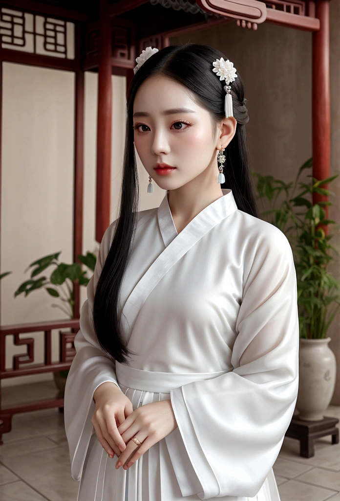 white skin, melancholy eyes, palace, a girl in Hanfu, beautiful figure painting, white Hanfu, looking at the viewer, skirt, simple hair accessories, jewelry, long black hair, earrings, closed mouth, Chinese architecture , vase, 8k, tower, translucent clothes, willow-leaf eyebrows,, jade bracelet, simplicity