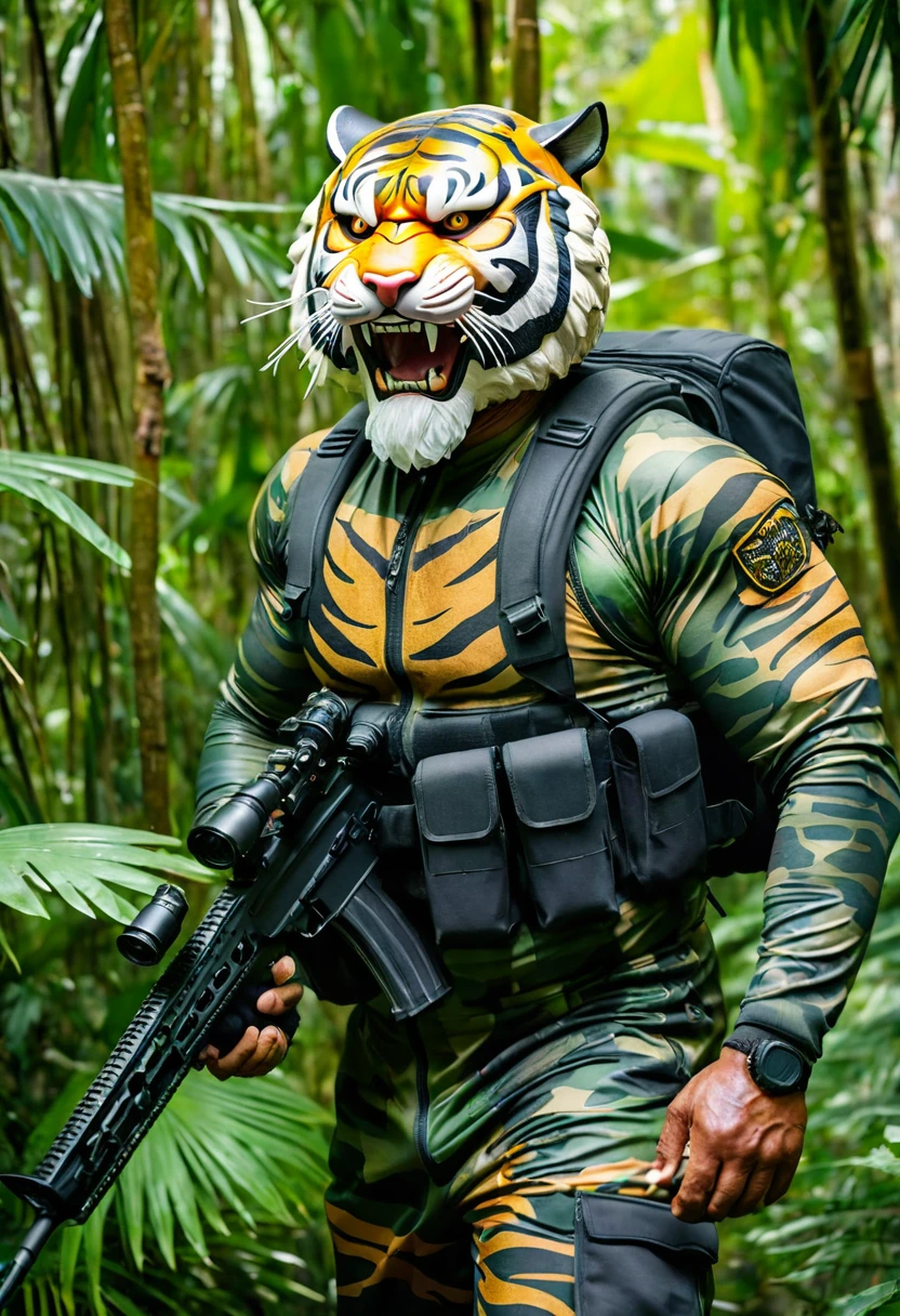 (a dark-skinned bearded fat muscular old man in a bulky army camouflage zipper diver suit), and (wearing realistic roaring siberian tiger mask), patrolling in a jungle and holding sniper rifle, muscular, toned muscles, imposing stature, Basuki Abdullah, sumatraism, action, heroic, fierce, snarling