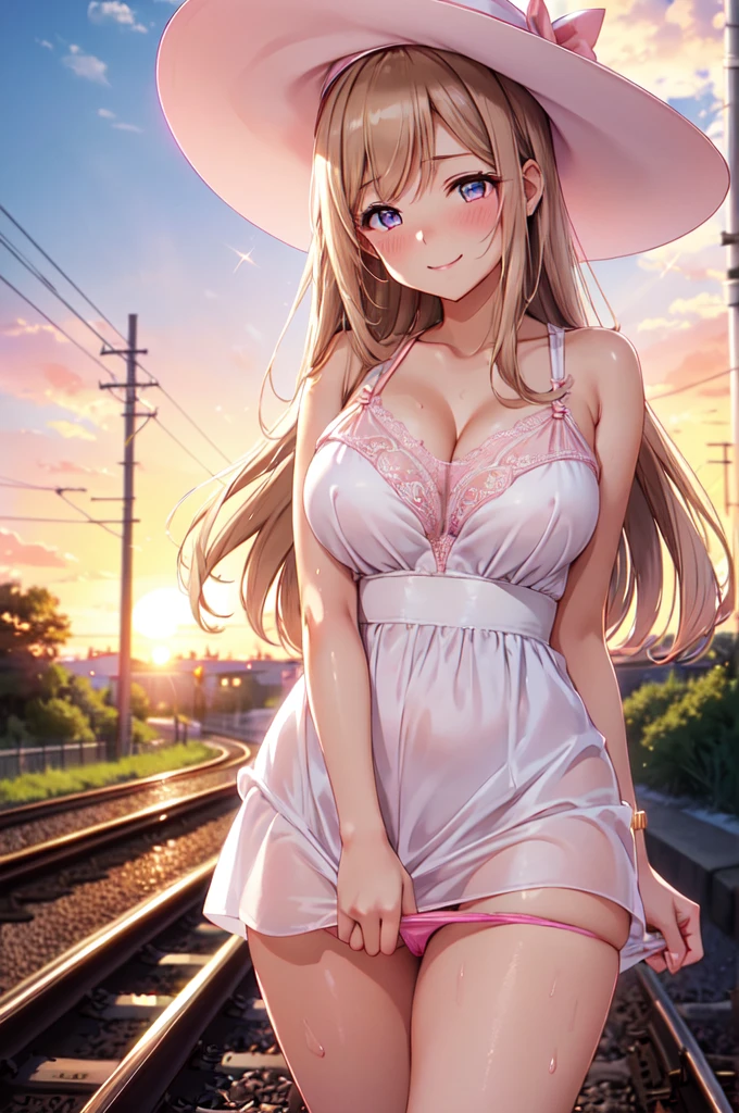 satin, silk, ((pink panty)), (High quality, High resolution, Fine details), setting sun, Backlight, A straight stretch of railroad track, White Dress, White Hat, solo, curvy women, light brown hair, sparkling eyes, (Detailed eyes:1.2), smile, blush, Sweat, Oily skin, shallow depth of field, Fantastic
