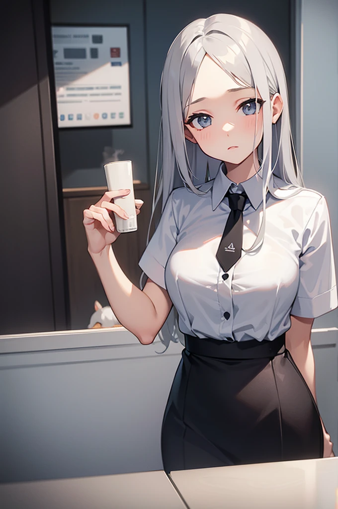 ((masterpiece, best)), (1girl), (mature woman)), light white hair, halo, trumpet, ((office lady)), bangs, medium chest, (full), slim, smile, [wide hips], office, standing, beautiful girl with white hair and white stockings,
