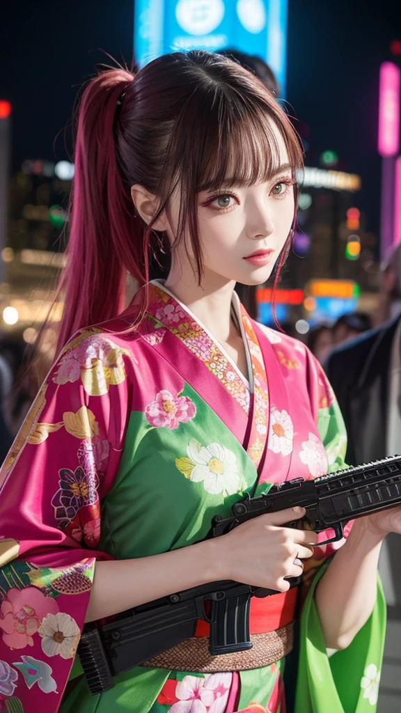 masterpiece, highest quality, cyberpunk girls, wearing a Japanese kimono, Bold colors and patterns, eye-catching accessories, Trendy and innovative hairstyles, bright makeup, late night,Cyberpunk dazzling cityscape, Near the future,Pink stands out,skyscraper, neon sign, The neon lights are shining,led lights, Bright and vivid color scheme, fine skin texture, fine cloth texture, beautiful detailed face, intricate details, Super detailed,Holding an assault rifle in hand, green background