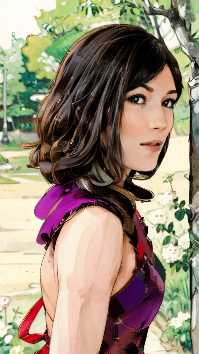 Beautifull, Toned Muscel, Japanese woman, toned body, slim legs, silk dress, gorgeous, Side parted hair, Gardencore, Comic Artstyle 2D