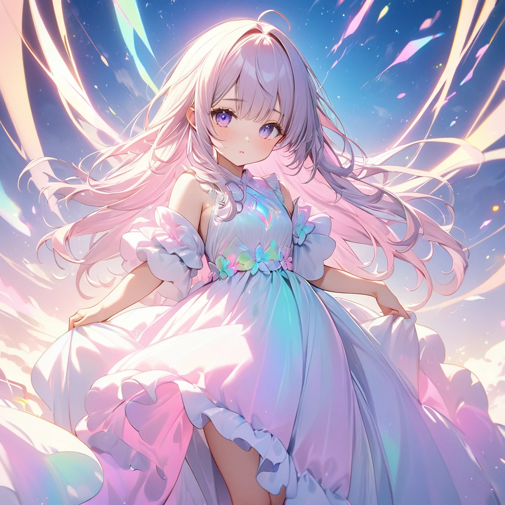 (8K, Highest quality, masterpiece:1.2),(Highest quality:1.0), (Ultra-high resolution:1.0), Petite、girl,Shortcuts、 Fluffy long dress、, Very bright and luminous design, pastel colour,
