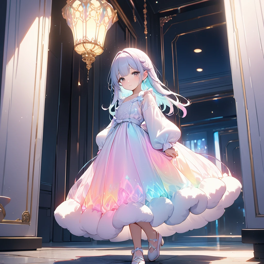 (8K, Highest quality, masterpiece:1.2),(Highest quality:1.0), (Ultra-high resolution:1.0), Petite、girl,Shortcuts、 Fluffy long dress、, Very bright and luminous design, pastel colour,