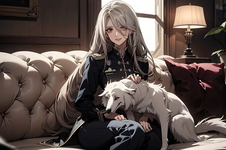 (Confused, High resolution, Very detailed), 1 female, Silver Hair,Long Hair,Reddish brown eyes,Blue and black military uniform,24th generation,beauty,mature,thin,quiet,calm,A small smile,skinny pants,Playing with Borzoi,Small breasts,thin body,Are thin,Playing with Borzoi,With dog,sofa