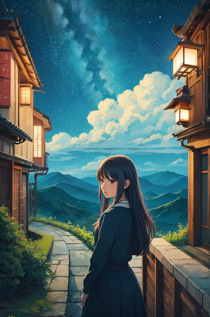 Girl in starry sky landscape painting in Japanese anime style
