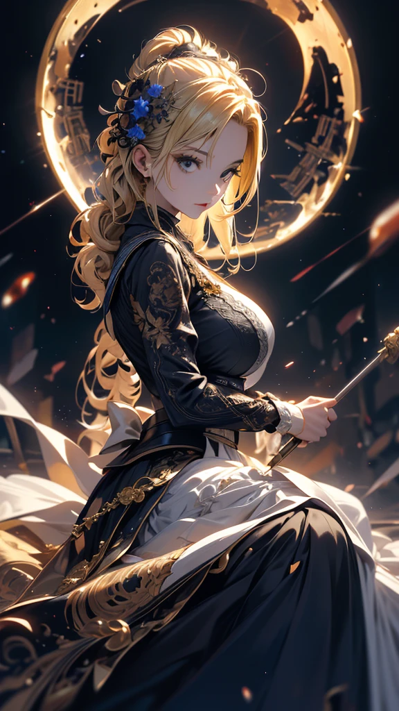 masterpiece, high quality, 4K, Beautiful design, silhouette，blonde， 非常に詳細な夜のStarry Sky,Flower Field， wonderful, Finer details,  Very knowledgeable woman, Highly detailed solo, 1 female,Big Breasts，Gothic Lolita Fashion，Night view，Starry Sky，full moon，