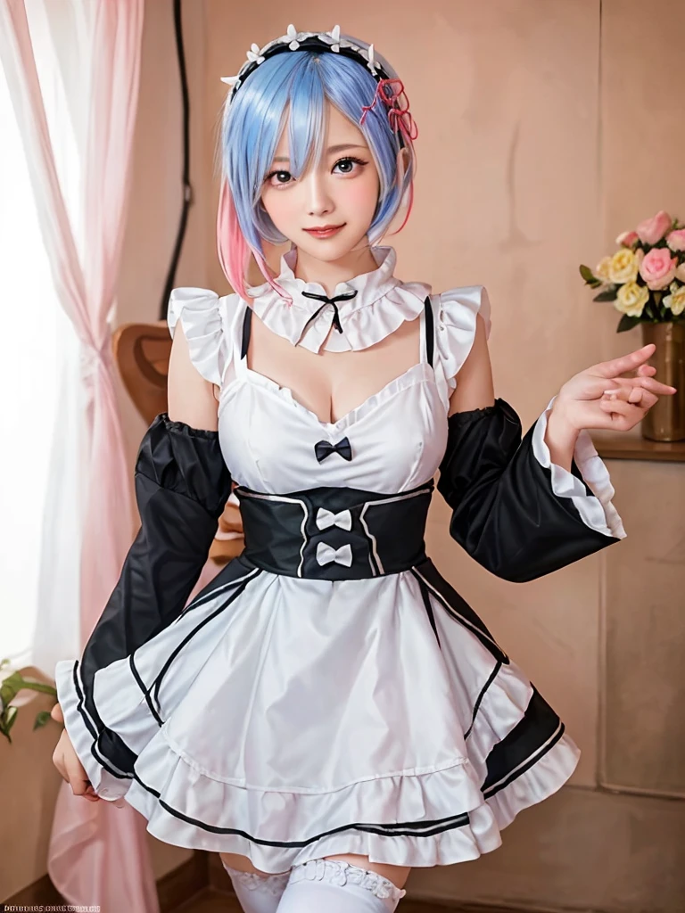 Accurate depiction with high resolution,(8K, Photorealistic, Raw photo, of the highest quality: 1.3), (1girl in), Super beautiful, (Realistic face), (boyish, pink Color Berry Shorthair), Beautiful , Glare that captivates the viewer, Beautiful expression, Beautiful breasts, (Realistic skin), Be...Create a detailed and colorful image of Ram and Rem from Re:Zero, standing back-to-back in their maid outfits, with a magical fantasy background、14years old, two girls,cute, perfect face, beautiful, nice body, gothic lolita clothes, gothic lolita fashion, frilly skirt, headdress, necklace, bracelet, knee-high socks, boots, double eyelids, tear bags, Detailed down to the fingers, photo-like description, indoors, dim indoor lighting, one girl is pink hair and short bob, another girl is light blue hair and short bob,standing,whole body, composition that shows the whole body, smiling,The Both of them are wearing the same type of maid outfit,Optimal ratio of 4 fingers and 1 thumb,walking