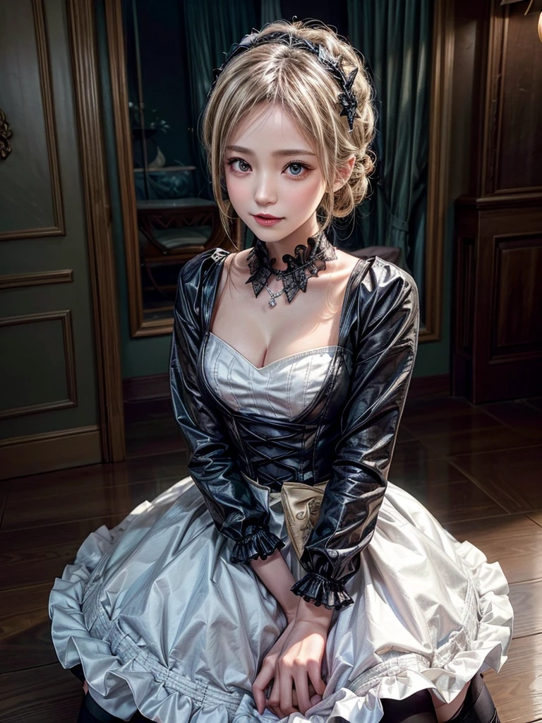 (8K, Photorealistic, Raw photo, of the highest quality: 1.3), (1girl in), Super beautiful, (Realistic face), (boyish, Silver Color Berry Shorthair), Beautiful , Glare that captivates the viewer, Beautiful expression, Beautiful breasts, (Realistic skin), Be...Super high quality, super high definition, super detailed, masterpiece, 20years old, female, cute, perfect face, beautiful, nice body, gothic lolita clothes, gothic lolita fashion, frilly skirt, headdress, necklace, bracelet, knee-high socks, boots, double eyelids, tear bags, Detailed down to the fingers, photo-like description, indoors, dim indoor lighting, blonde hair, pony tail, standing, whole body, composition that shows the whole body, smiling