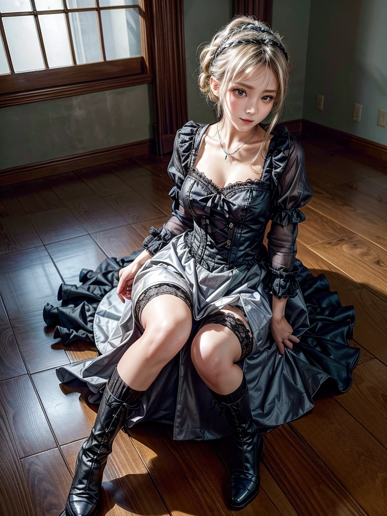 (8K, Photorealistic, Raw photo, of the highest quality: 1.3), (1girl in), Super beautiful, (Realistic face), (boyish, Silver Color Berry Shorthair), Beautiful , Glare that captivates the viewer, Beautiful expression, Beautiful breasts, (Realistic skin), Be...Super high quality, super high definition, super detailed, masterpiece, 20years old, female, cute, perfect face, beautiful, nice body, gothic lolita clothes, gothic lolita fashion, frilly skirt, headdress, necklace, bracelet, knee-high socks, boots, double eyelids, tear bags, Detailed down to the fingers, photo-like description, indoors, dim indoor lighting, blonde hair, pony tail, standing, whole body, composition that shows the whole body, smiling
