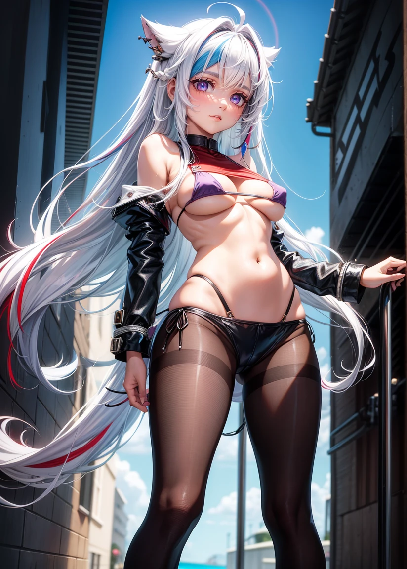 solo, 1 girl (small chest) (masterpiece, best quality: 1.2), bikini, micro bikini, breasts, long hair, white hair, red eyes, tail, full body, pantyhose, multicolored hair, bikini black, cuffs, micro bikini, stockings, white hair, purple hair, colored inner hair, multicolored hair, (red eyes: 1,3), white hair, long hair, two-tone hair, black pantyhose, ear piercing, (((Underboobs)))