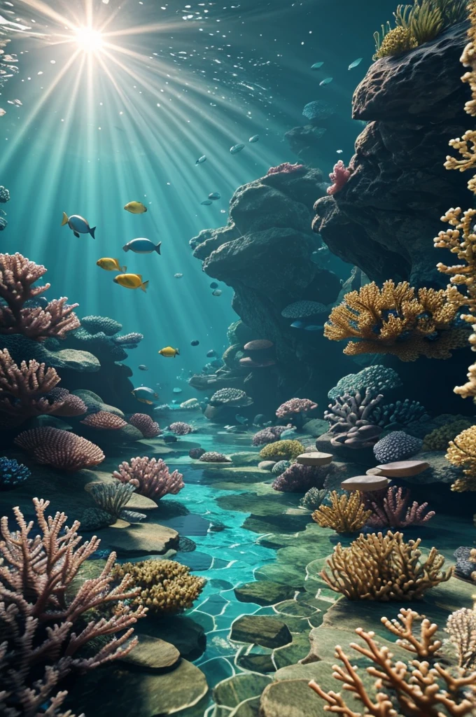 underwater play scene with fish and coral, the sun shines through the water, creating a feeling of serenity, unreal engine five, Style of play, Best quality, masterpiece