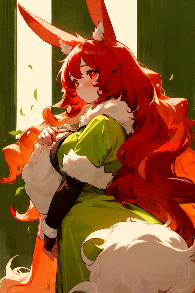 1 girl, Hair:Long red wavy, Eyes:bright greens, fur:light with rosy cheeks, Genre:female, with rabbit ears and tail