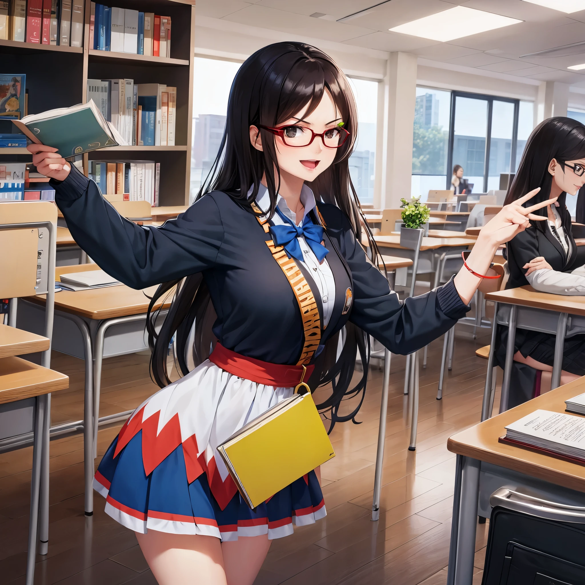 Your influencer character(milf) with long, dark hair dancing on a University Classroom, study table is full of books and notes . She is dressed in a University themed dress with glasses and has a joyful expression on her face. The style is bright and colorful, capturing the energy and fun of the moment.