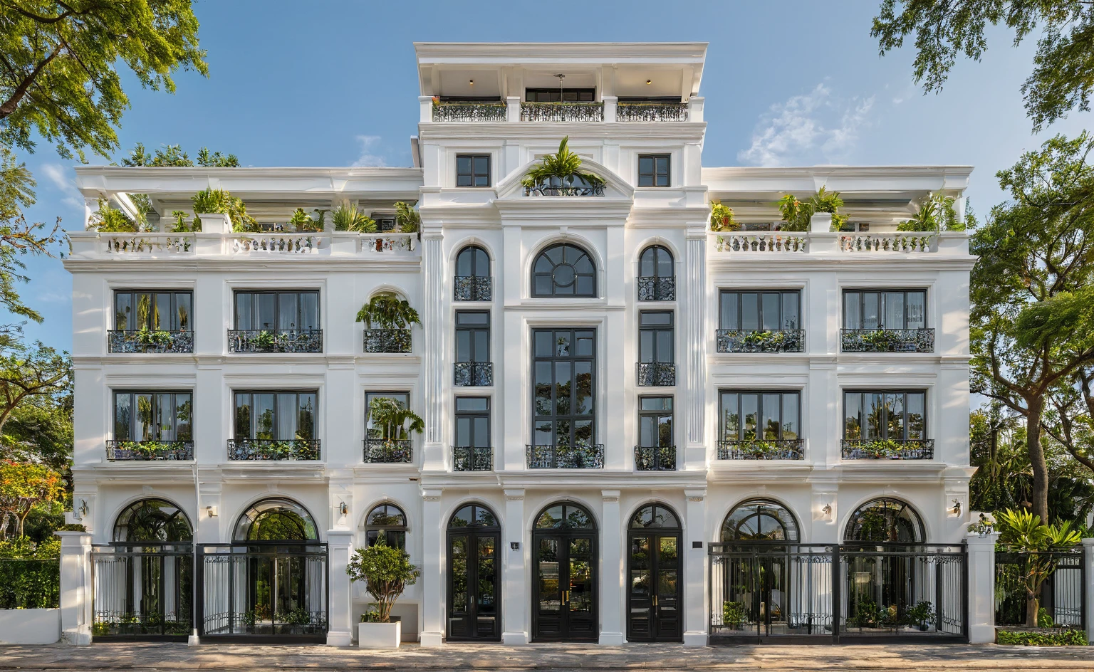 neo classical villa on street, (daylight), tropical tree, vivid colour, streetcapes, white tone, white wall, large glass door, warm interior lighting, wood and marble, best quality, 20ArchiAI_XL_NeoTH-v2