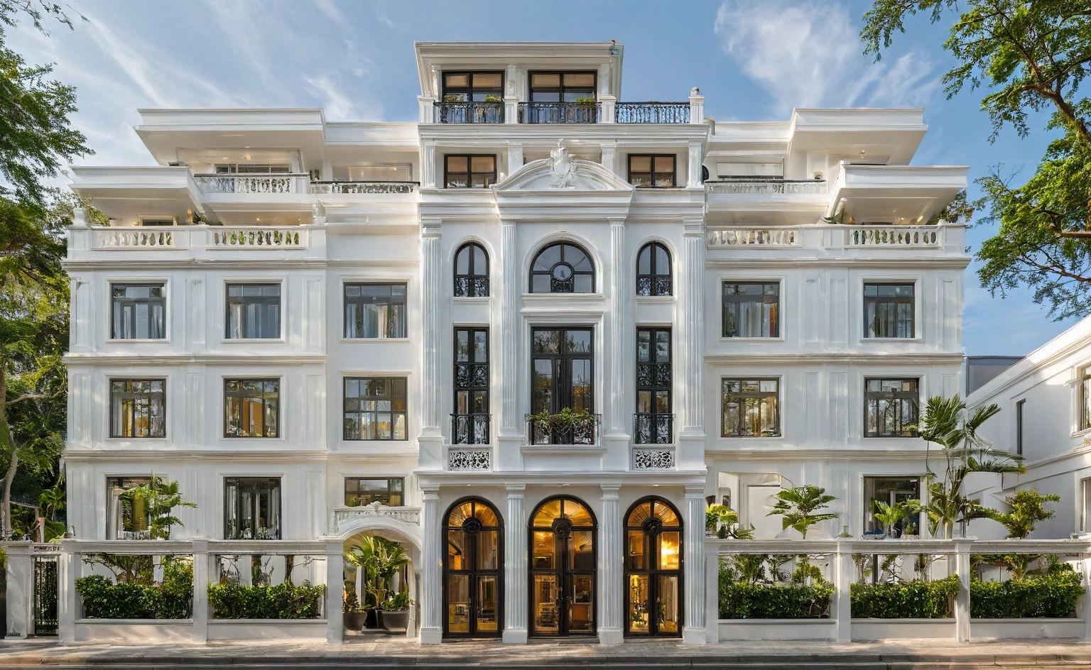 neo classical villa on street, (daylight), tropical tree, vivid colour, streetcapes, white tone, white wall, large glass door, warm interior lighting, wood and marble, best quality, 20ArchiAI_XL_NeoTH-v2