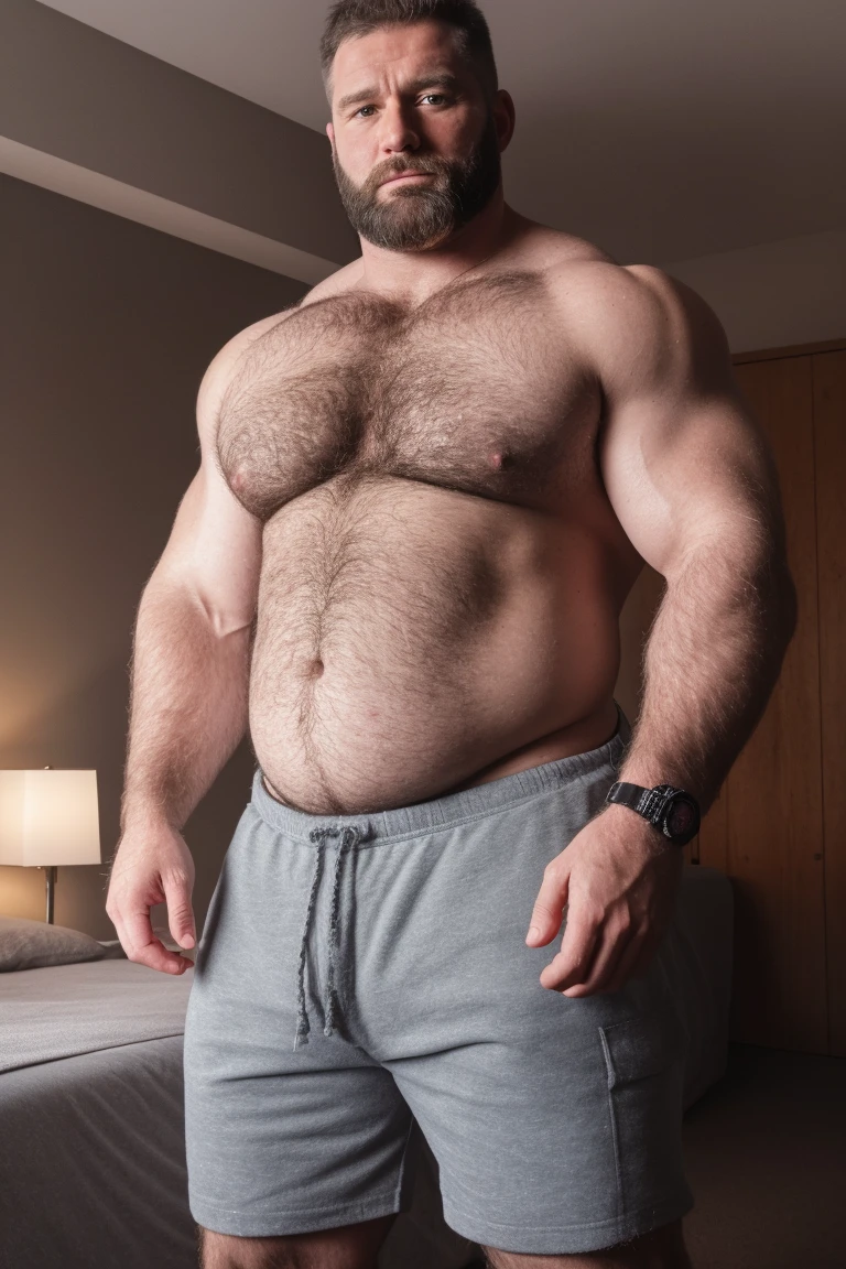 8KUHD Very HIGH RESOLUTION HDR Very Extremely Realistic Very Detailed High Quality 8K HDR Very Realistic photograph featuring a 46 year old daddy rugged bodybuilder muscle bears man, 8K very realistic detailed hairy, 8K very realistic beared big daddy muscle bear, and 8K very realistic detailed rugged burly man in shorts. 8K Very Realistic legs, 8K very realistic hair, 8K very realistic beards, 8K very realistic thick chubby fat neck, 8Kvery realistic neck lines, 8K very realistic detailed neck, 8K very realistic belly, 8K very realistic burly chest, 8K very realistic detailed hairy burly strong chest and arms, 8K very realistic detailed hairy burly strong chest and arms, 8K very realistic pecs, 8K very realistic burly muscle bear body, 8K very realistic nipples, 8K very realistic burly muscle bear body, 8K very realistic face, 8K very realistic detailed face, 8K very realistic eyes, 8K very realistic detailed eyes, 8K very realistic pupils, 8K very realistic detailed pupils, 8K very realistic head, 8K very realistic waist, 8K very realistic facial features, 8K very realistic burly arms, 8K very realistic elbows, 8K very realistic hands, 8K very realistic pecs, 8K very realistic belly, 8K very realistic human man body, 8K very realistic bellybutton, 8K very realistic wrists, 8K very realistic fingers, 8K very realistic fingernails, 8K very realistic shoulders, 8K very realistic mouth, 8K very realistic lips, 8K very realistic mens clothing, 8K very realistic detailed mens clothing. 8K HDR Very Realistic Hairy Bearded Burly Muscle bear Photoshoot, 8K A very realistic burly muscle bear man in a bedroom, 8K HDR Very Realistic Intricately Detailed, 8K HDR very realistic detailed bedroom surroundings, 8K HDR very realistic surroundings lighting, No Deformities, captured with a 85mm lens, 8K HDR Very Ultra Realistic and 8K HDR Very Realistic Photograph, 8K HDR Clear HDR Quality full with very realistic real details