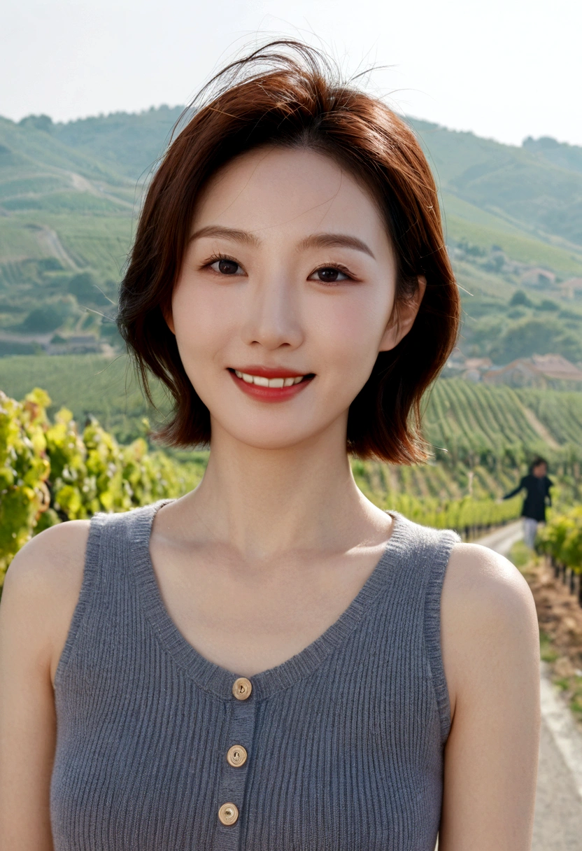 8k best picture quality, Beautiful 36-year-old Korean woman, I have good skin and clear and pretty eyes.. clear and nice weather. Chest size 34 inches, italian countryside, past the vineyard, The cathedral is visible in the fog in the distance., The back background is realistic and vivid image quality, Short and medium hair blowing in the wind, Wearing high-end luxury knitwear. casual pants, Hold both hands in front and smile. the background is clear, Short and slim Korean woman, stand far away, Photo taken with a wide-angle lens, Standing on the road overlooking the vineyards. 1 woman