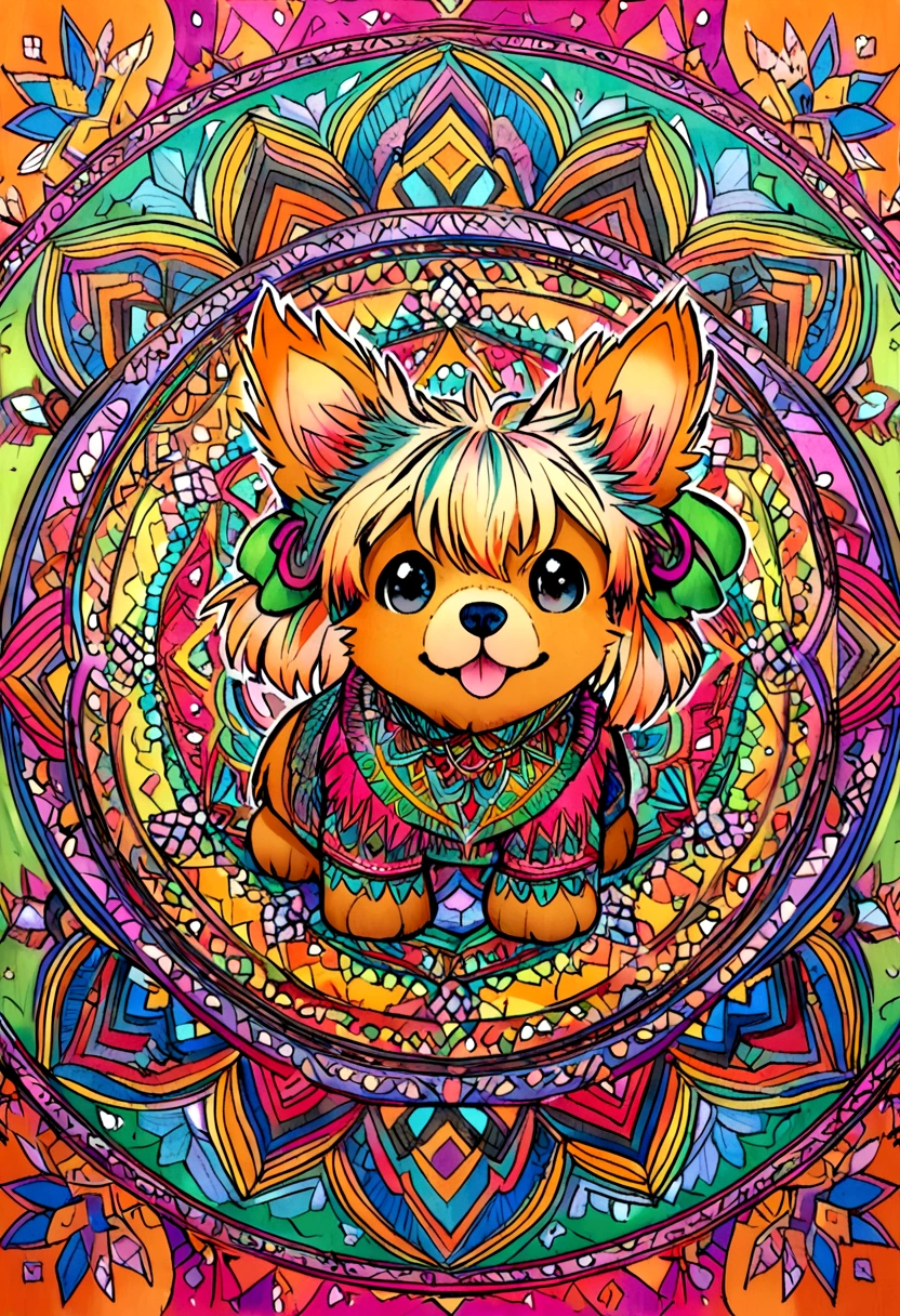 vibrant color drawing of a simple cute dog based mandala,yorkie