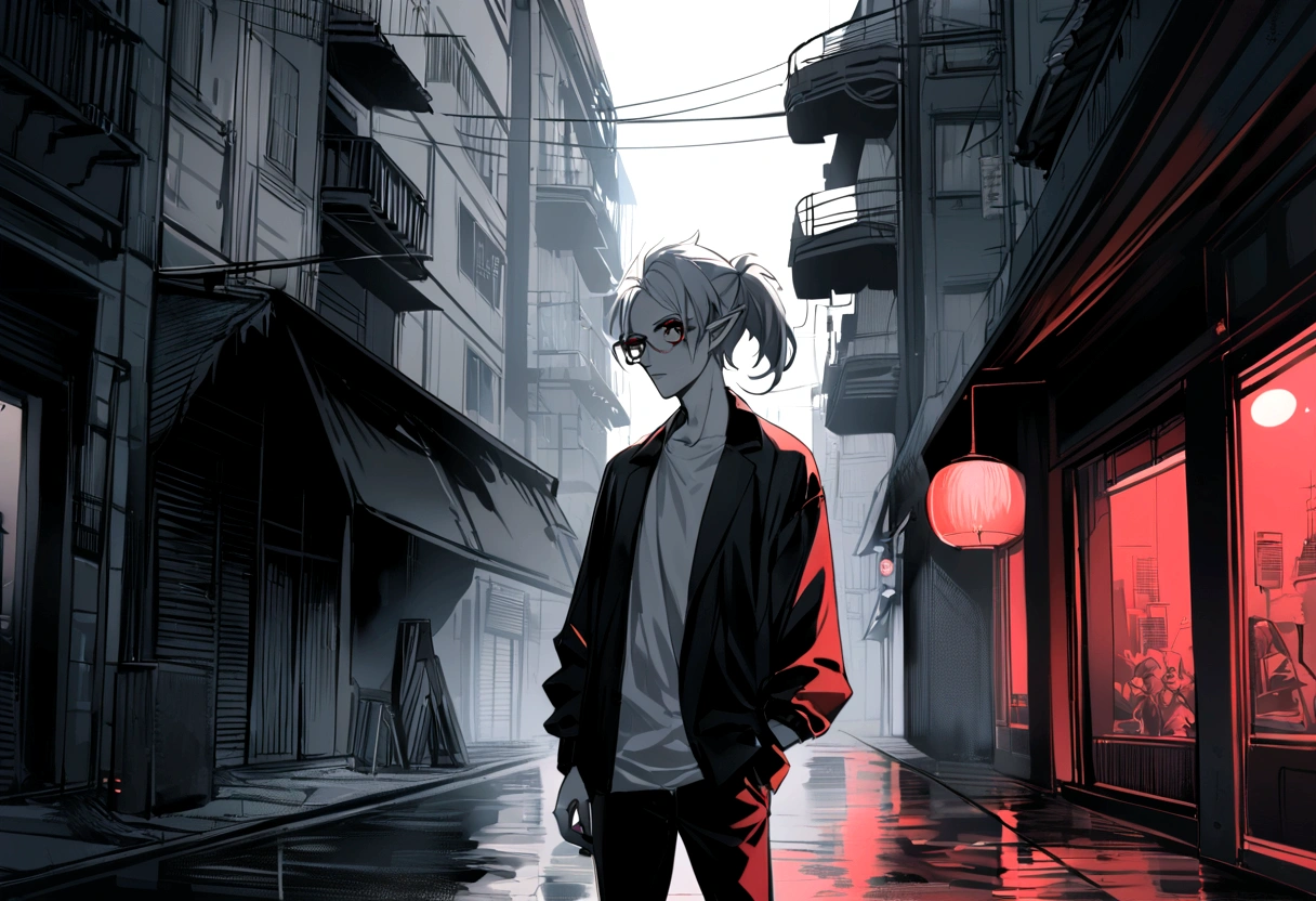 adult anime male skinny hipster with white hair and pointed ears, blood red eyes, glasses, soft jawline, femboy, wearing black and white clothing, pale skin tone, has short hair, have ponytail, wearing hipster outfit, ominous expression, downtown background