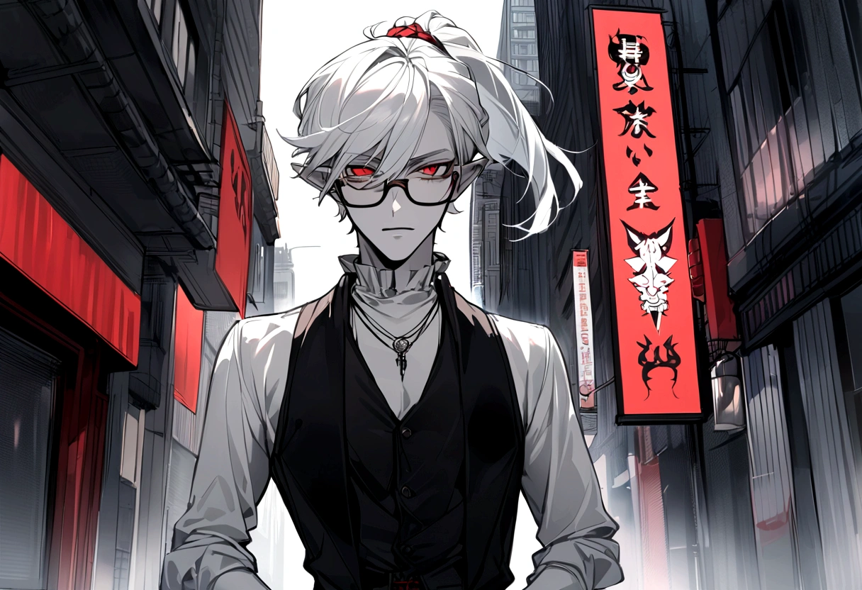 adult anime male skinny hipster with white hair and pointed ears, blood red eyes, glasses, soft jawline, femboy, wearing black and white clothing, pale skin tone, has short hair, have ponytail, wearing hipster outfit, ominous expression, downtown background