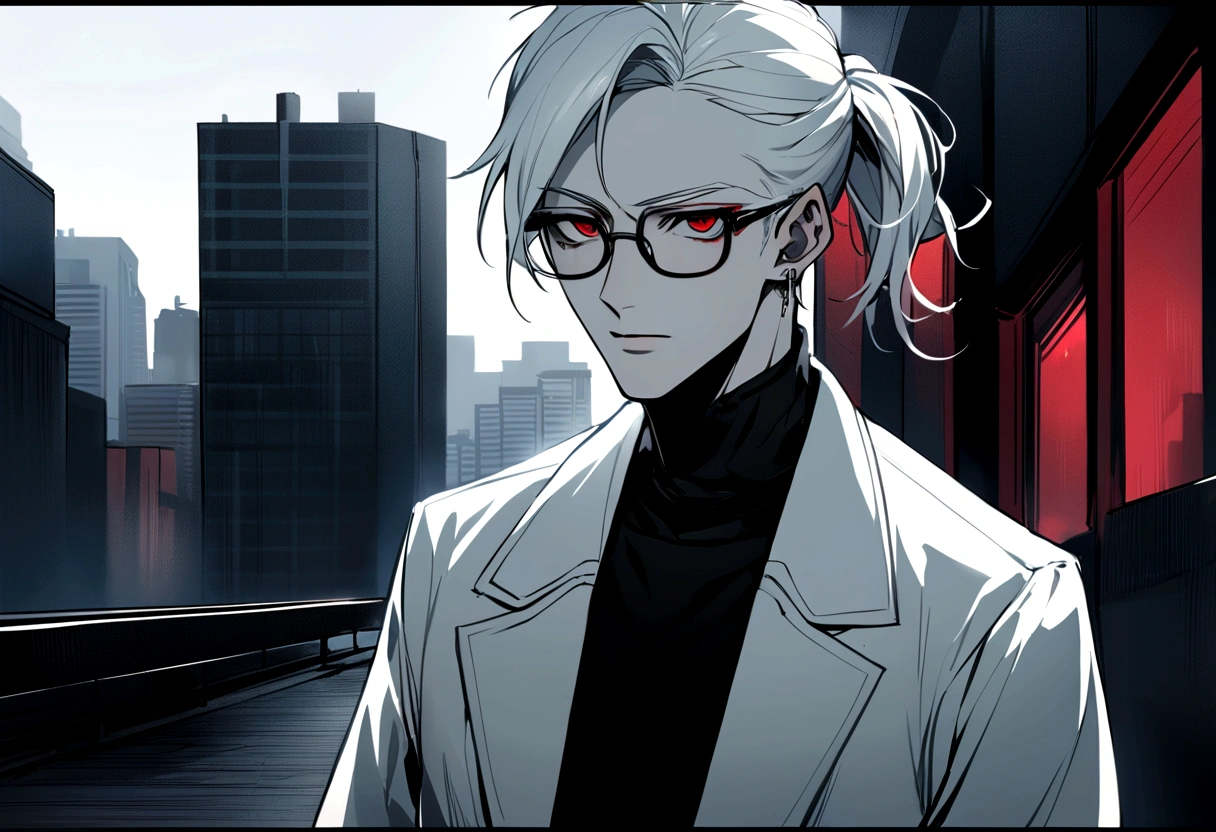 adult anime male skinny hipster with white hair and pointed ears, blood red eyes, glasses, soft jawline, femboy, wearing black and white clothing, pale skin tone, has short hair, have ponytail, wearing hipster outfit, ominous expression, downtown background