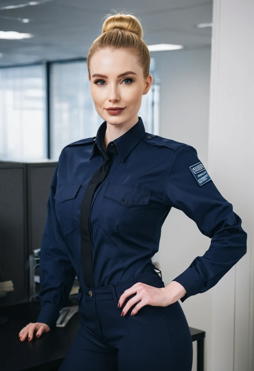 Blonde bun hair pale skin woman in dark blue security clothes standing in office
