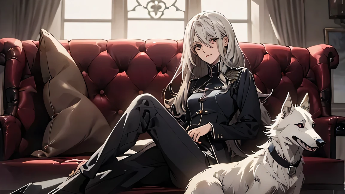 (Confused, High resolution, Very detailed), 1 female, Silver Hair,Long Hair,Reddish brown eyes,Blue and black military uniform,24th generation,beauty,mature,thin,quiet,calm,A small smile,skinny pants,Playing with Borzoi,Small breasts,thin body,Are thin,Playing with Borzoi,With dog,sofa