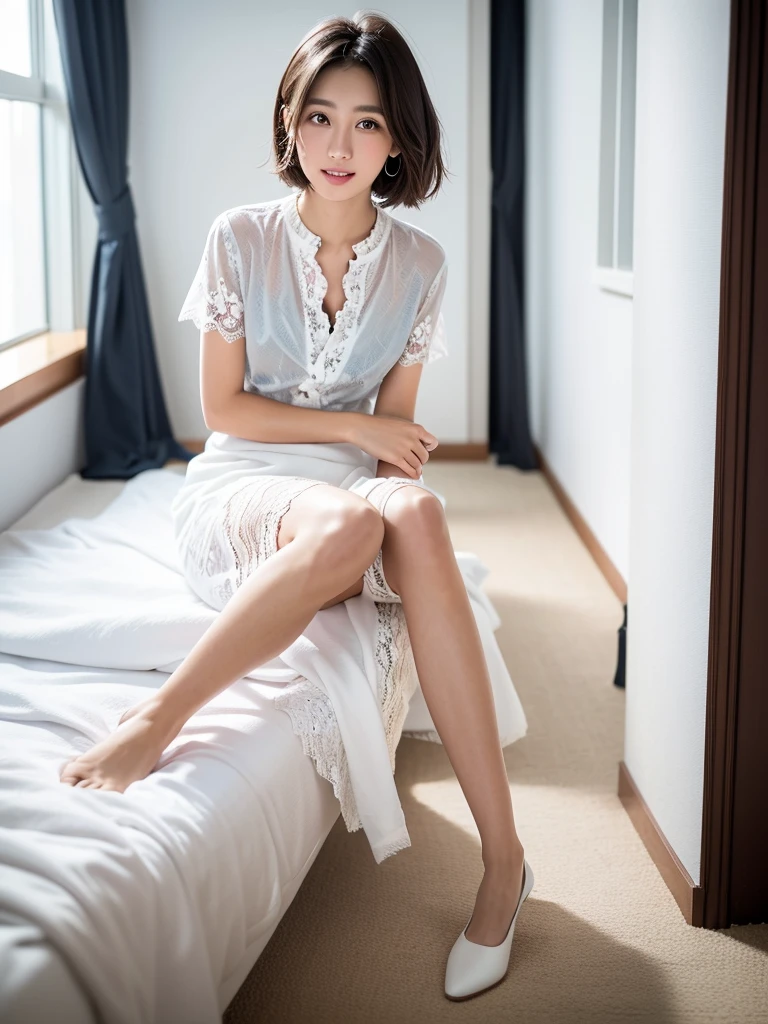 (Highest quality:1.9)、(High resolution)、Live-action image quality、((19 year old female university student、1 person))、Soft lighting by a professional photographer、Natural light、((Very spacious white luxurious room:1.6))、((Bright white room:1.6))、(Standing in front of a very luxurious white bed:1.2)、(White bookshelf background:1.1)、Natural soft light、((Black Hair Color:1.1))、Fair skin、Detailed Eyes、double eyelid、Slightly puffy cheeks、((Small Face:1.0))、((White lace short sleeve shirt、Please wear it with the chest open.:1.7))、((White checked skirt:1.2))、(Cute Smile)、((Girly pose 1.8))、((Straight medium-long hair:1.1))、((Full Body Shot:1.2))、((Height: 145cm))、Hands in front、Hold hands between legs、bangs、