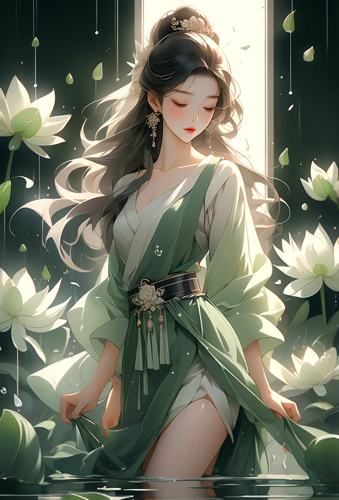 dark green Hanfu, a woman, cold, fair skin, sea of flowers, pond, petals floating on water, lilies, collarbones, closed eyes, half immersed in water, dark background, moonlight, hairpins, jade pei, hanfu, delicate face, hair accessories, rosy lips, skirts, belts, jewelry, long hair, earrings, , hair strands, perfect body proportions, wet, slender legs