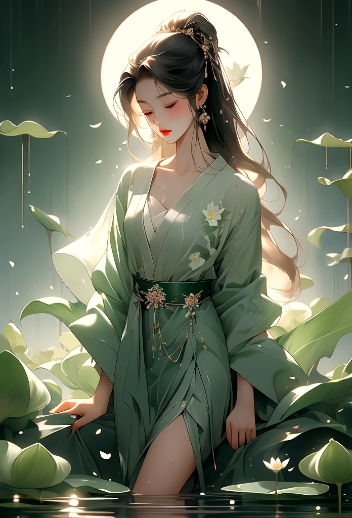 dark green Hanfu, a woman, cold, fair skin, sea of flowers, pond, petals floating on water, lilies, collarbones, closed eyes, half immersed in water, dark background, moonlight, hairpins, jade pei, hanfu, delicate face, hair accessories, rosy lips, skirts, belts, jewelry, long hair, earrings, , hair strands, perfect body proportions, wet, slender legs