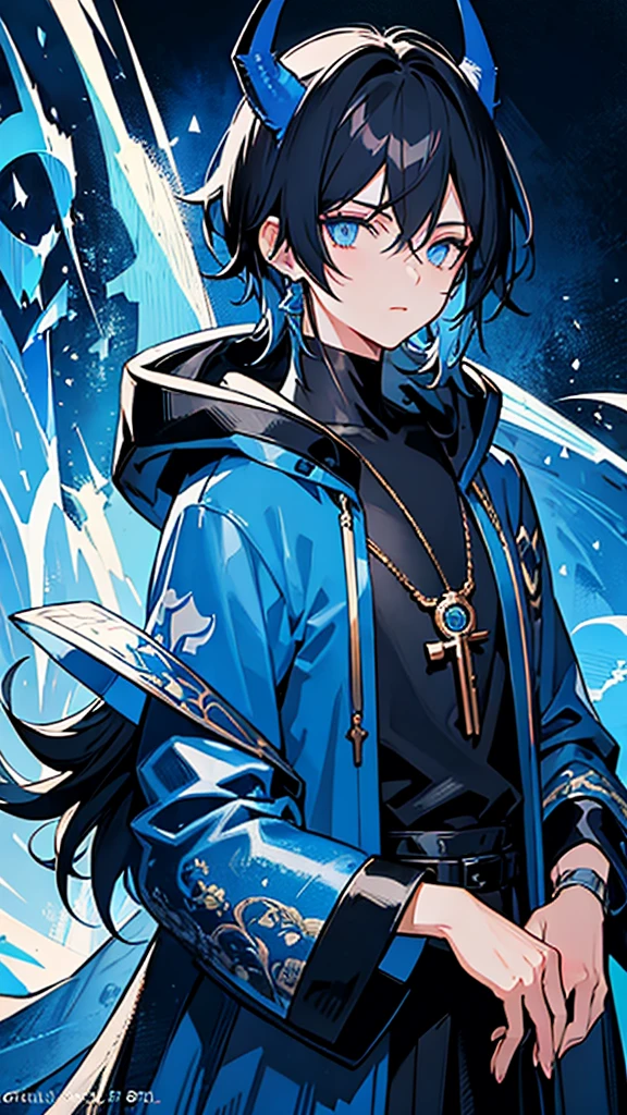 (masterpiece:1.2、highest quality), (Exquisite eyes: 1.2), (Detailed Background、Dark fantasy), (beauty detailed face), High Contrast, (Best lighting、Very delicate and beauty), ((Cinema Lighting) )), colorful, Hyper Detail, Dramatic Light, Intricate details, (1 , scruffy black hair, bangs, Blue eyes, dark castle, moon, dark night, long earrings, black hoodie, blue demon horns, blue great sword at the back, looking at viewer, upper body), Black light swirling around the character, Depth of written boundary, black light particles, Nightcore, Spectacular anime style, zerochan art, Anime Wallpaper, Burning, High quality anime art style, Key Anime Art