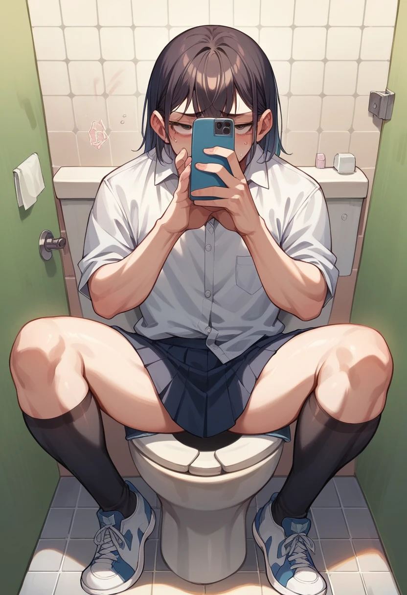 Taking a selfie while sitting in pain on the toilet。View from a smartphone camera。