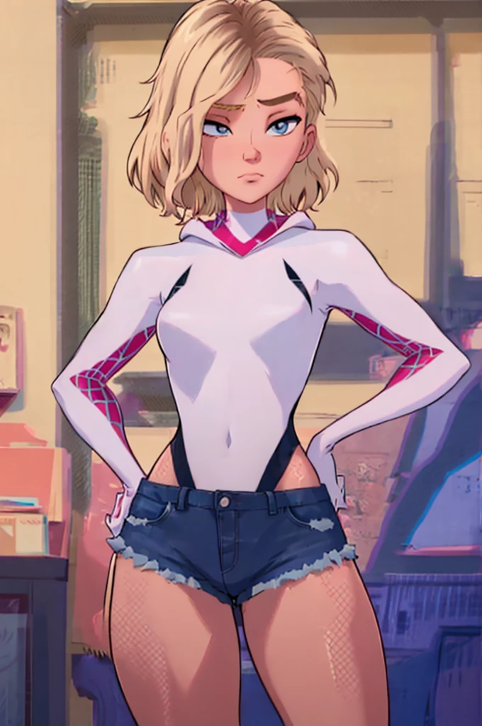 Gwen Stacy, Youngh, wearing a short white top, pose, wearing short denim shorts, ((sculptural body)), curves, whole body, sexy pose photo, Good traits, best qualityer, fine-detailed, no flaws