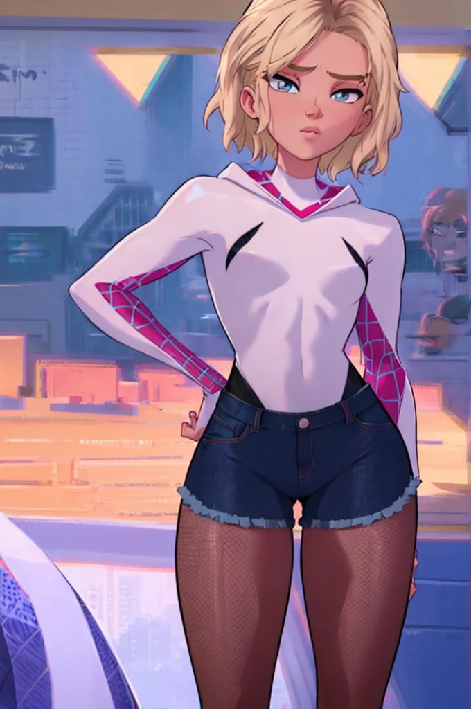 Gwen Stacy, Youngh, wearing a short white top, pose, wearing short denim shorts, ((sculptural body)), curves, whole body, sexy pose photo, Good traits, best qualityer, fine-detailed, no flaws