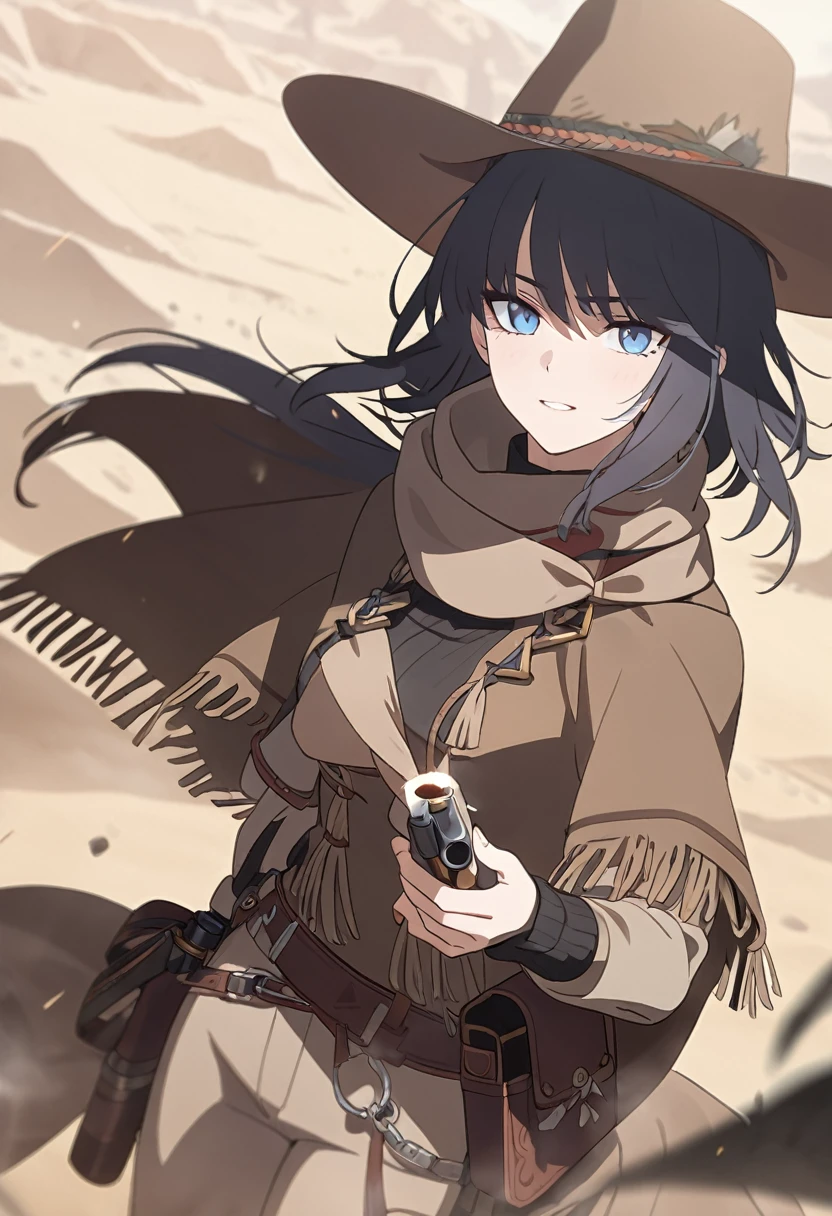 work,best quality,depth of field,8K,looking at the viewer,dark gray hair,blue eyes,light brown chaps,dark brown poncho,갈색 Ten gallon hat,brown leather jumper,Holding a Colt Single Action Army,western frontier,badlands,tumbleweed rolling around,sandstorm,holding a cigarette in one&#39;s mouth,chic,wseifuku,male,man