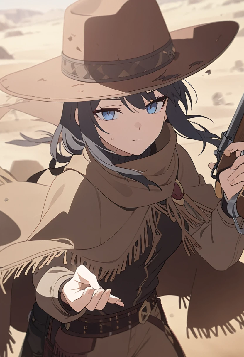 work,best quality,depth of field,8K,looking at the viewer,dark gray hair,blue eyes,light brown chaps,dark brown poncho,갈색 Ten gallon hat,brown leather jumper,Holding a Colt Single Action Army,western frontier,badlands,tumbleweed rolling around,sandstorm,holding a cigarette in one's mouth,chic,wseifuku,male,man