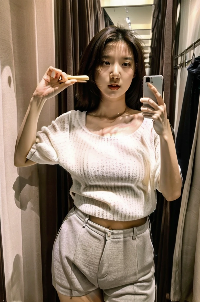Selfie photos，Mobile phone mirror selfie，a beautiful asian woman，156 cm，46KG,34C cupz her hairstyle is loose and lazy，Wearing a close-fitting all-white short-sleeved top，black shorts，