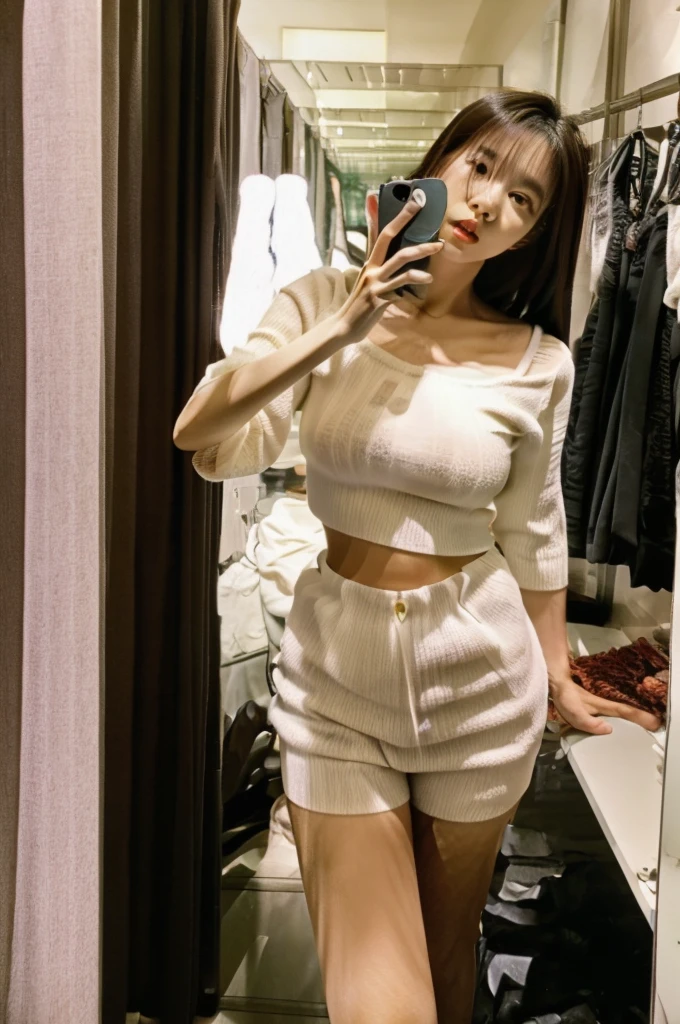 Selfie photos，Mobile phone mirror selfie，a beautiful asian woman，156 cm，46KG,34C cupz her hairstyle is loose and lazy，Wearing a close-fitting all-white short-sleeved top，black shorts，