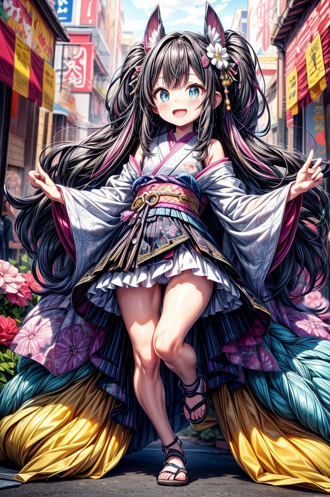 dynamic dancing moves with full of energy and movement, jumping high, full body portrait, happy expression, Japanese festival, with lively action poses, Positive Space, asymmetry, dynamic angle, A detailed illustration of an anime girl with blue eyes wearing a black kimono with Japanese patterns, wearing white cloak white shorts, black tube-top, She has white long hair tied back by a flower hair ornament, with colorful deep blue, black, pink, gold and white colors, surrounded by hexagons with various patterns and textures, Japanese Ancient bridge, happy expression, A black and white checkered pattern background surrounded by hexagons with various patterns in background, floral designs, and geometric shapes, In the background there are some sakura trees., cartoon character design, this is a full body portrait in vibrant colors, colorful illustrations, highly detailed, high resolution, in the style of digital painting, natural lighting,
