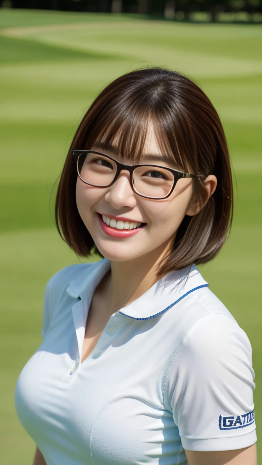 Highest quality, masterpiece, Ultra-high resolution, (Realistic:1.4),Beautiful woman,(Shortcuts),(Big Breasts) ,Beautiful Skin, Fine skin, 魅惑的なsmile, Background blur, smile, Baseball hats、Glasses、golfer、Golf Wear、Golf course