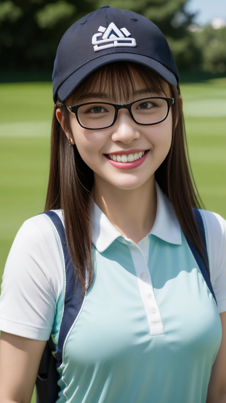 Highest quality, masterpiece, Ultra-high resolution, (Realistic:1.4),Beautiful woman,(Shortcuts),(Big Breasts) ,Beautiful Skin, Fine skin, 魅惑的なsmile, Background blur, smile, Baseball hats、Glasses、golfer、Golf Wear、Golf course