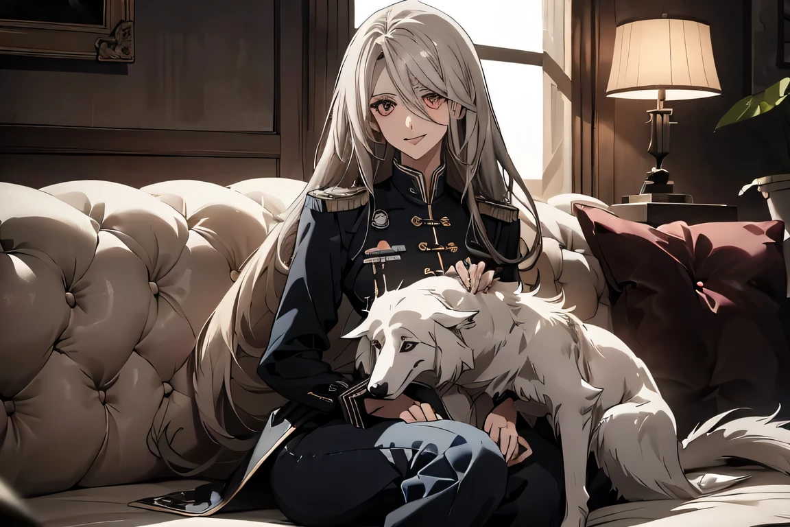 (Confused, High resolution, Very detailed), 1 female, Silver Hair,Long Hair,Reddish brown eyes,Blue and black military uniform,24th generation,beauty,mature,thin,quiet,calm,A small smile,skinny pants,Playing with Borzoi,Small breasts,thin body,Are thin,Playing with Borzoi,With dog,sofa