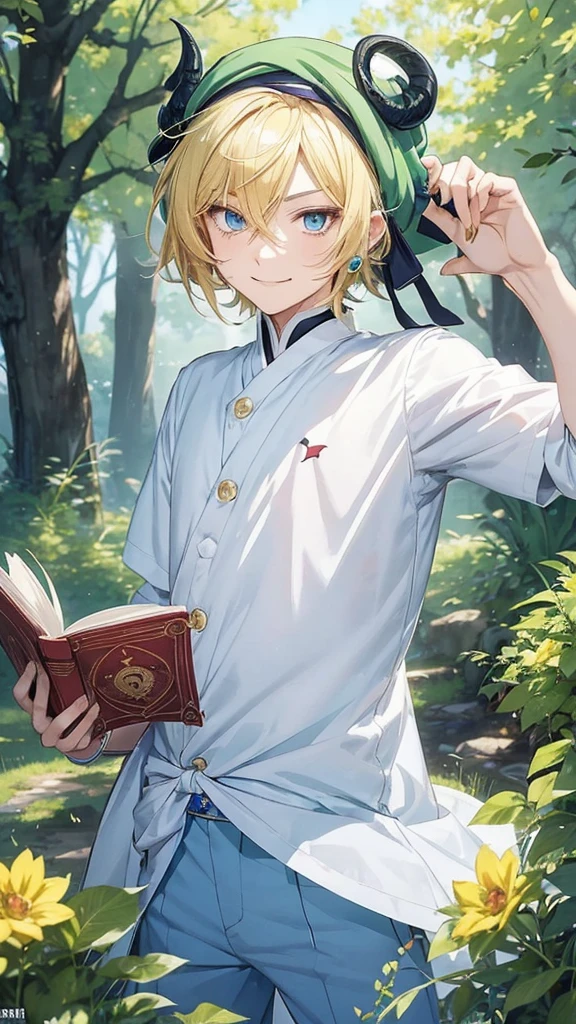 Anime boy with a book in his hand and wearing a hat, Handsome blond-haired man in demon-slaying art, green turban ,smile at the corner of the mouth , แฟนอาร์ต Demon Slayer Rui, official art, Delicate Androgynous Prince, Tall anime guy with blue eyes., Demon Slayer art style, anime moe art style, anime boy, beautiful androgynous prince, As an anime character, anime boy, Rei Hiroe